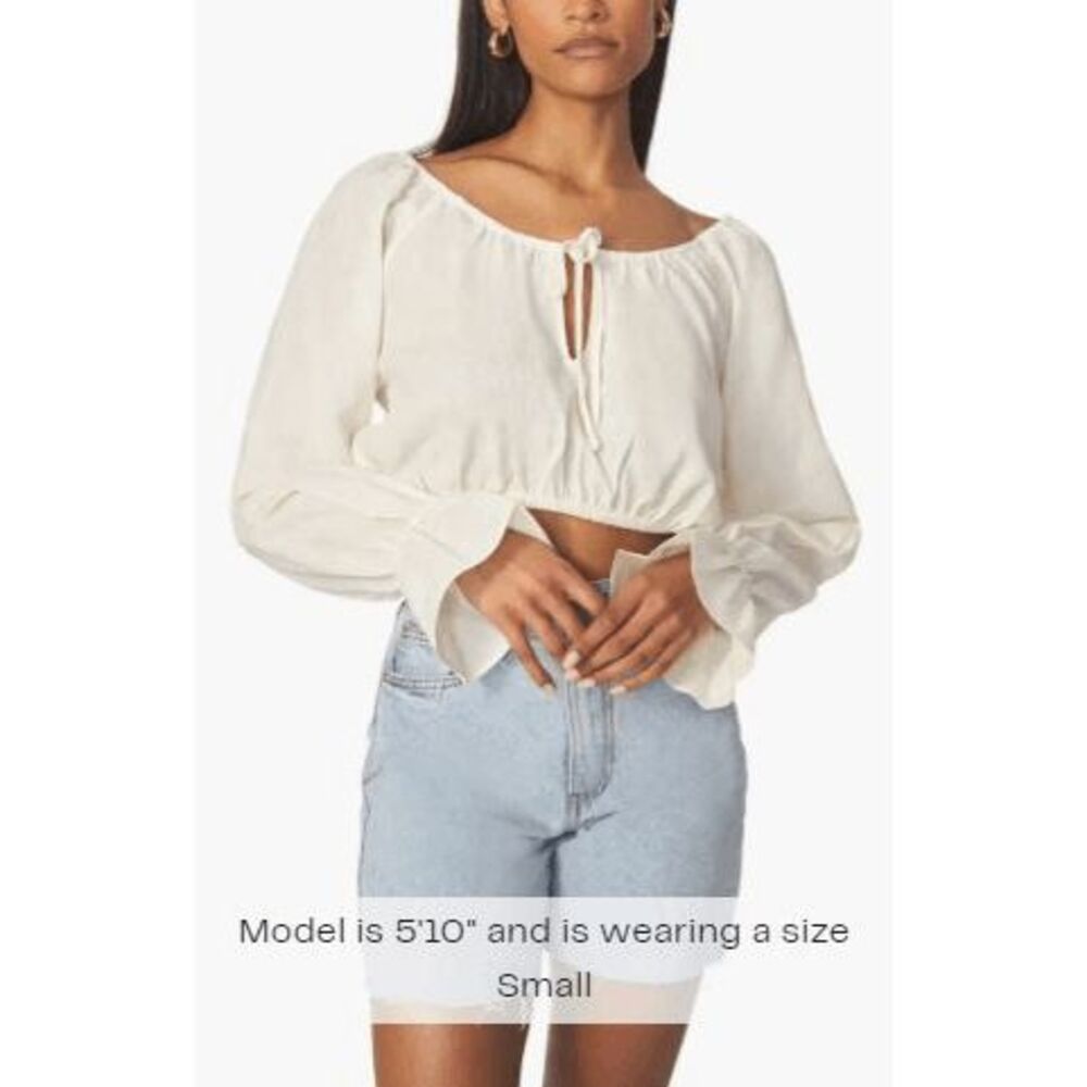 WeWoreWhat On Off Shoulder Tie Front Top M White Linen Keyhole Crop Bell Cuffs